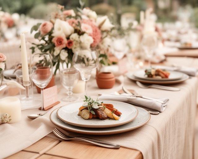 Montaje de boda en Madrid con mesas elegantes, flores secas y platos de cerámica