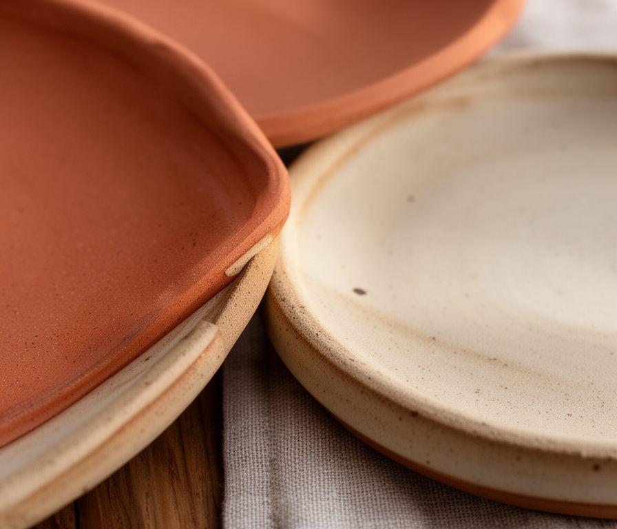 Detalle de piezas de cerámica artesanal hechas a mano con textura y esmalte natural