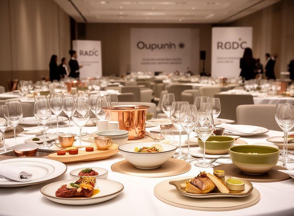 Evento corporativo con presentación elegante de catering sobre cerámica artesanal