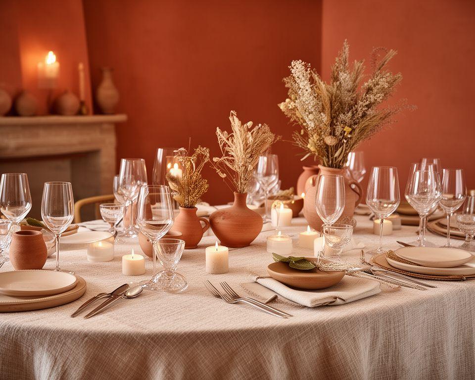 Mesa de celebración con mantelería neutra, cerámica terracota y iluminación cálida