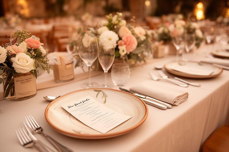 Banquete de boda con mesas decoradas, flores suaves y platos de cerámica artesanal