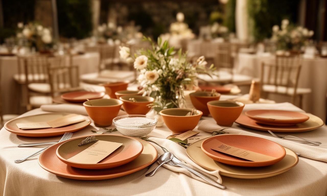 Mesa de catering artesanal con menús servidos en vajilla de cerámica y ambiente elegante