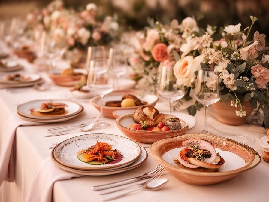 Banquete de boda con vajilla exclusiva, flores secas y servicio gastronómico elegante