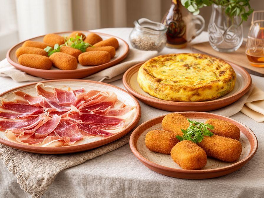 Selección de jamón ibérico, tortilla española y croquetas caseras servidas en platos de cerámica