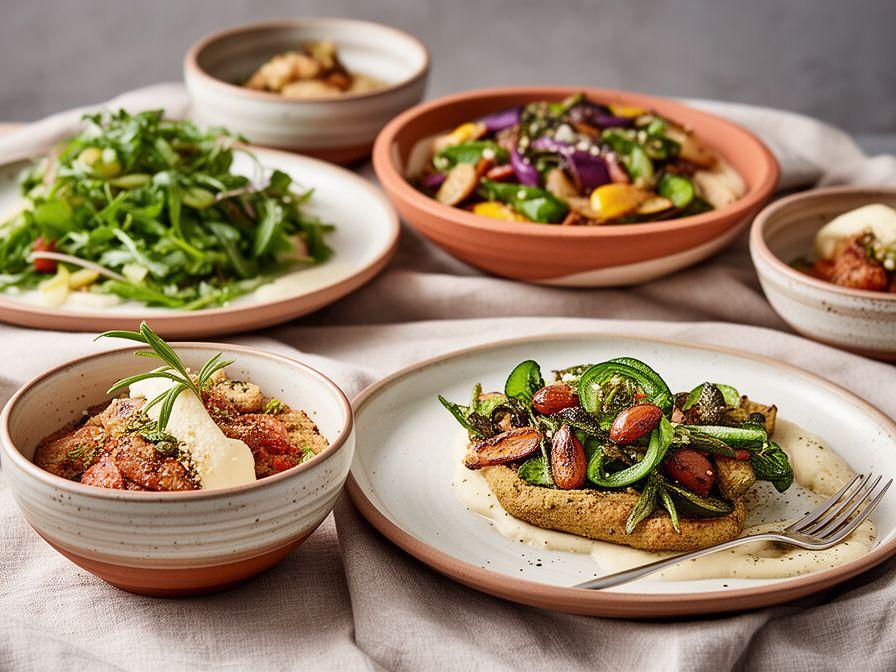 Platos vegetarianos y veganos inspirados en recetas españolas, servidos con presentación artesanal