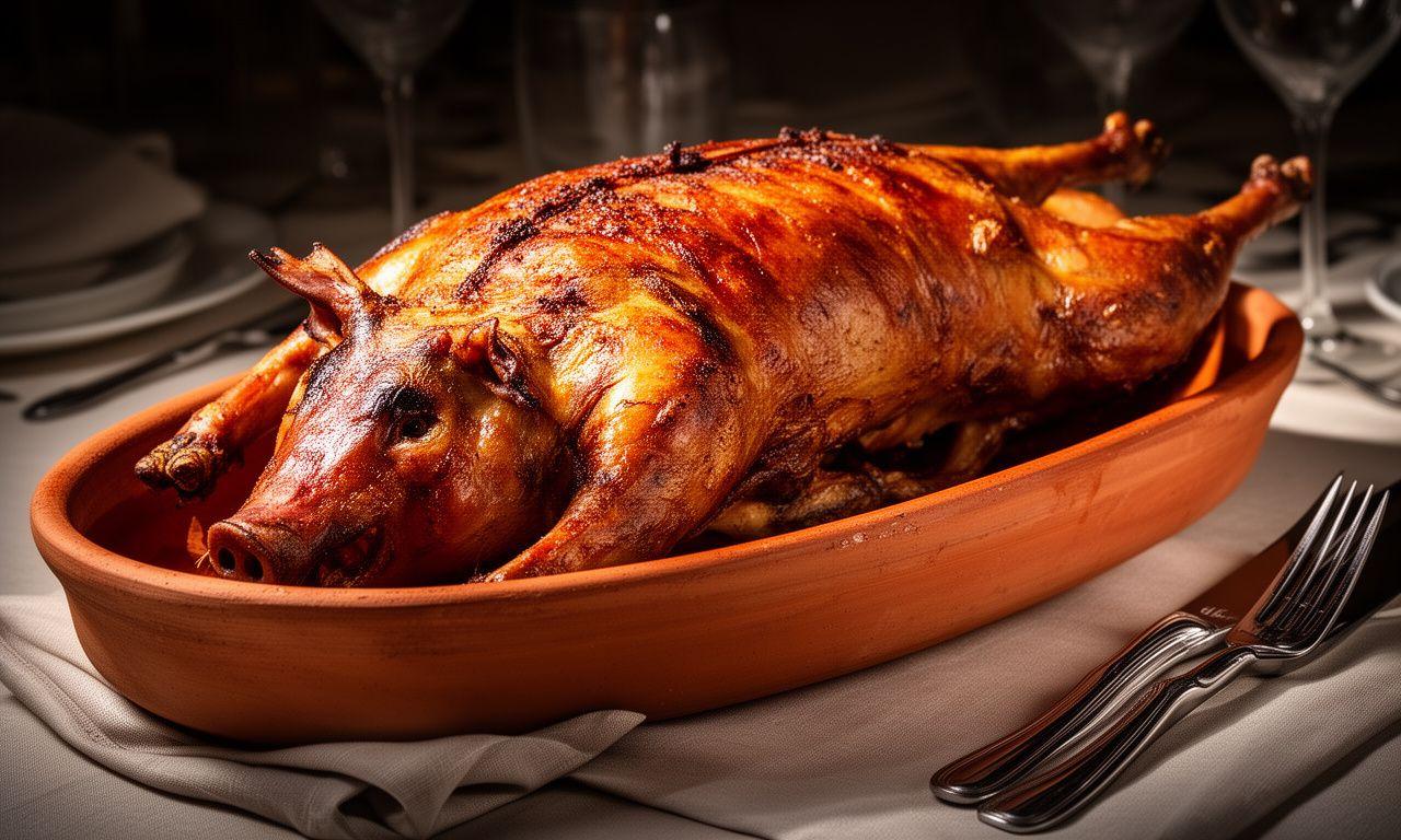 Cochinillo asado presentado en fuente de barro cocido