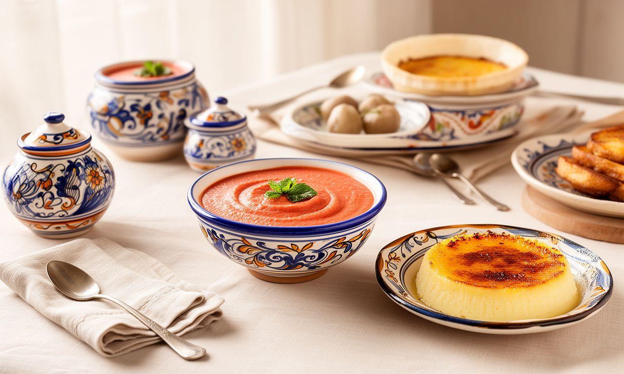 Gazpacho andaluz y postres típicos servidos en cuencos artesanales pintados a mano