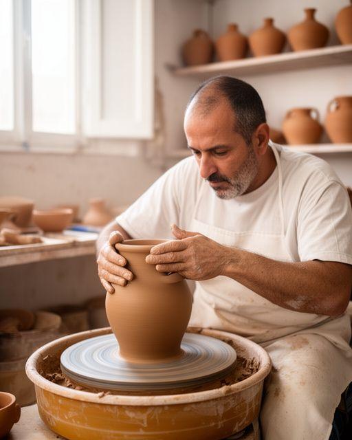 Artesano ceramista trabajando una pieza de barro en un taller luminoso