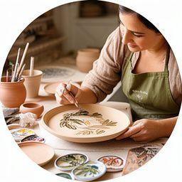 Ceramista colaboradora decorando un plato de barro con esmaltes naturales