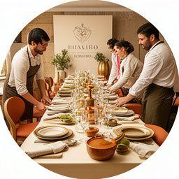 Equipo de catering coordinando el montaje de una mesa elegante para evento en Madrid