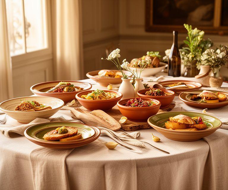 Mesa de catering con vajilla cerámica artesanal y platos españoles tradicionales